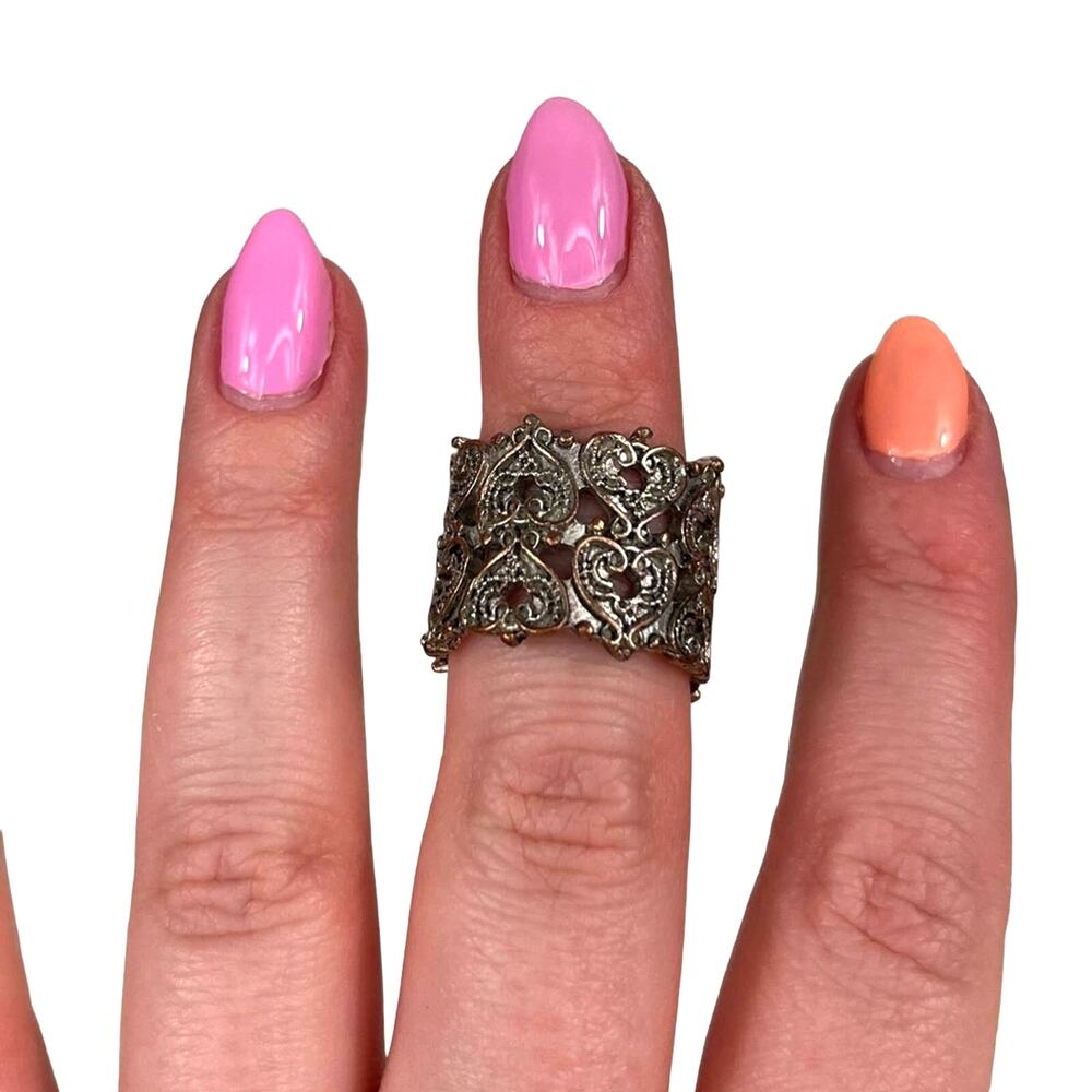 Vintage Silver Two Rows of Hearts Victorian Filigree Style 90s Ring Retro Punk